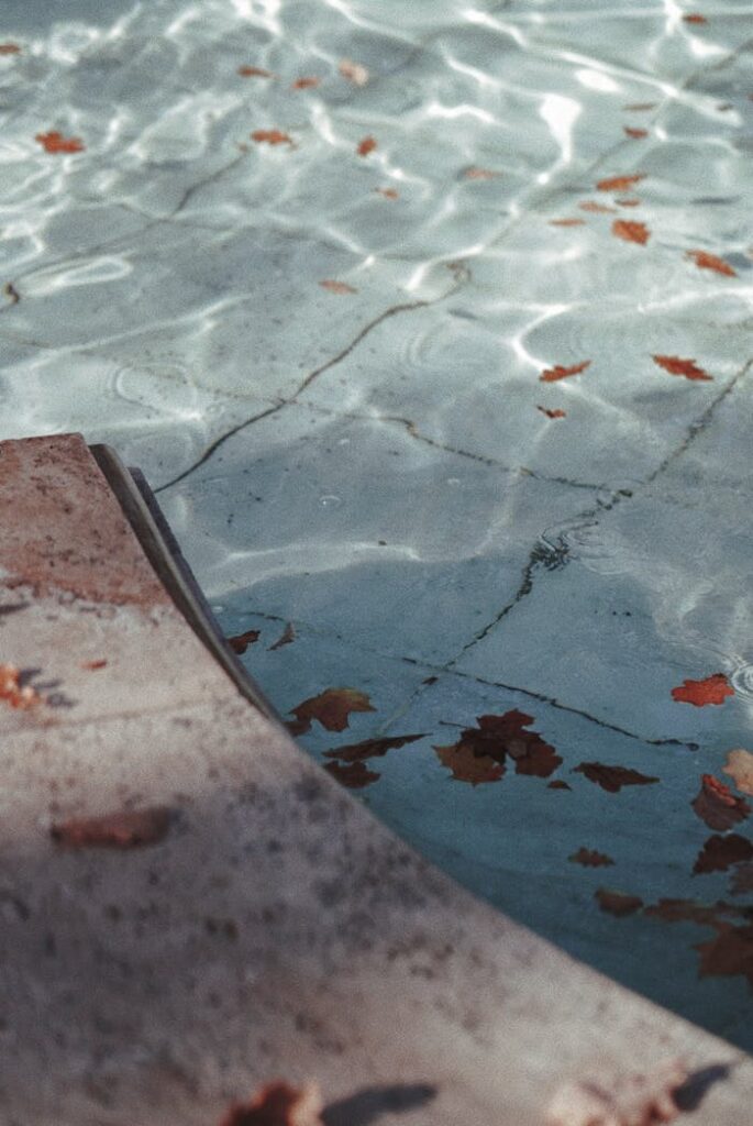 Brown leaves float in a serene swimming pool reflecting autumn's calm essence.